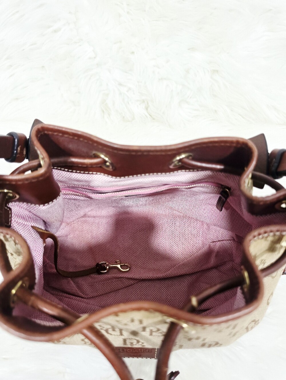 Dooney & Bourke DB Monogram Drawstring Bucket Bag Tan Brown Leather - Picture 13 of 17